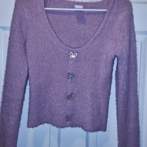 Purple Fuzzy Sweater with Butterfly Accents